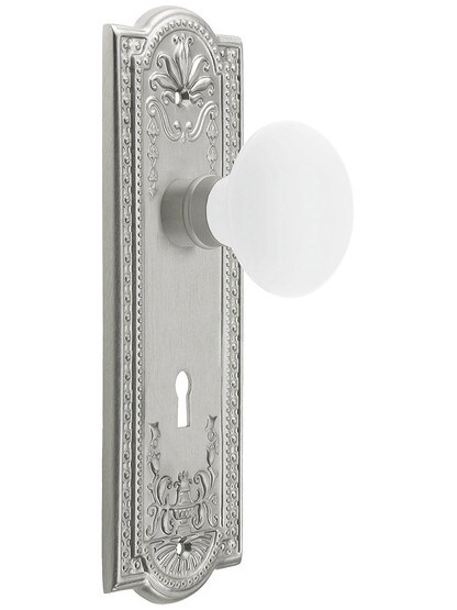 Meadows Style Mortise Lock Set in Satin Nickel with White Porcelain Door Knobs.